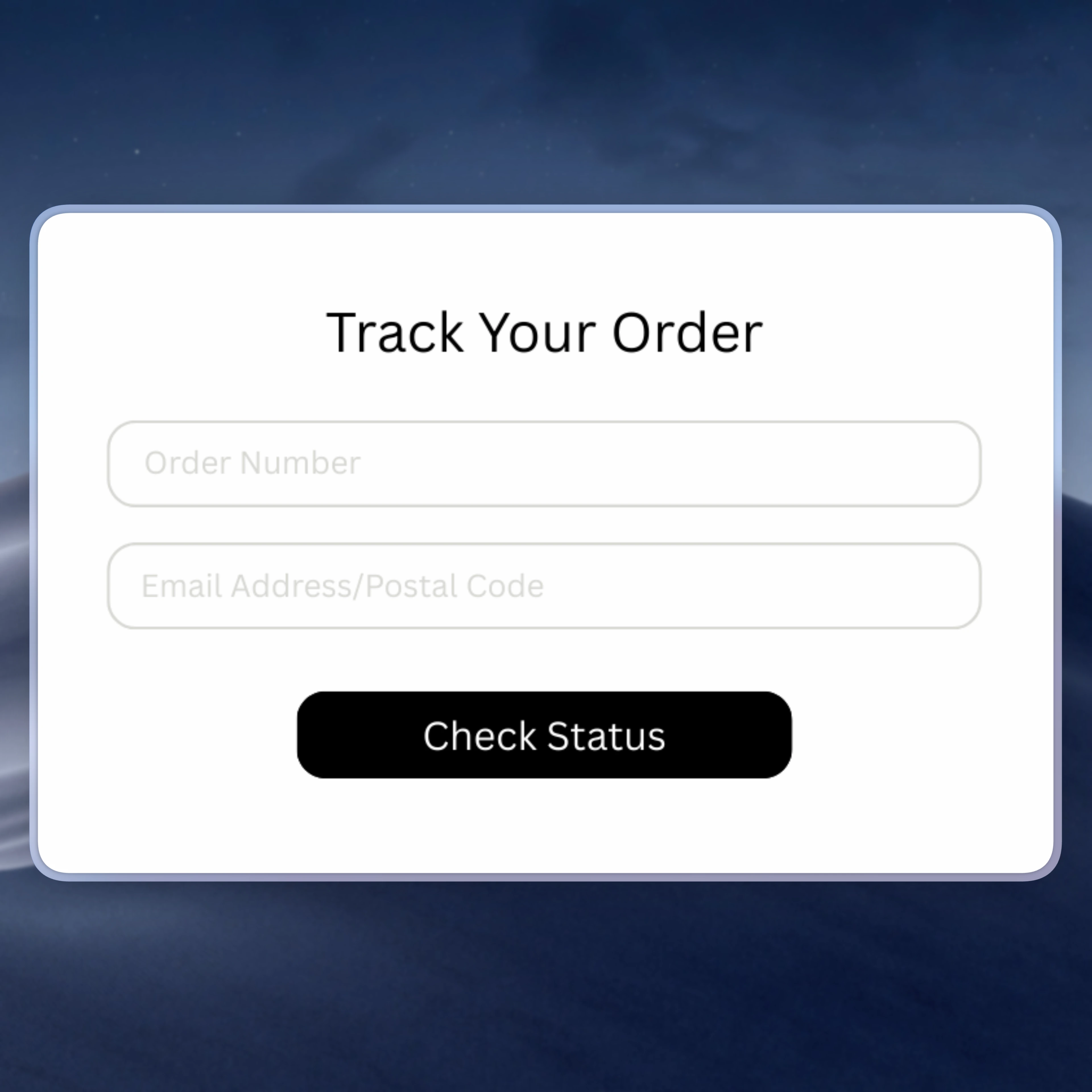 Branded customer-facing 'Track Your Order' widget with input fields for order number and email address.